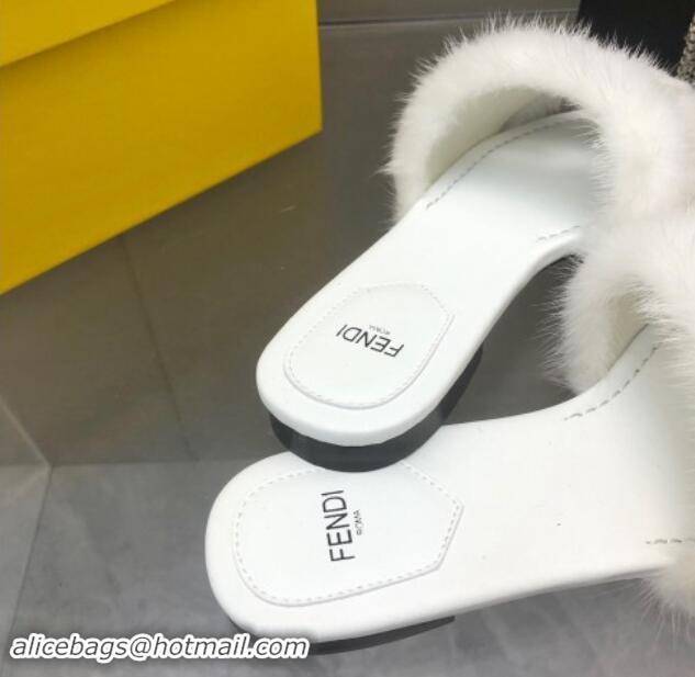 Good Looking Fendi Baguette Flat Slides Sandal in Mink Fur White 930115