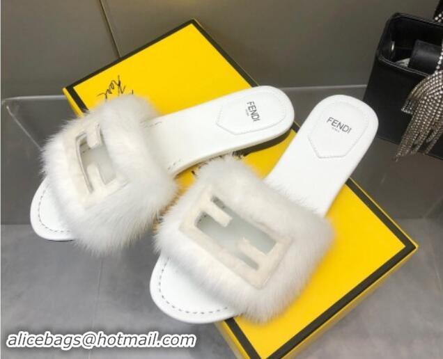 Good Looking Fendi Baguette Flat Slides Sandal in Mink Fur White 930115