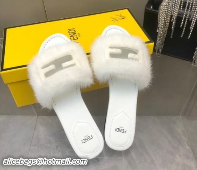 Good Looking Fendi Baguette Flat Slides Sandal in Mink Fur White 930115