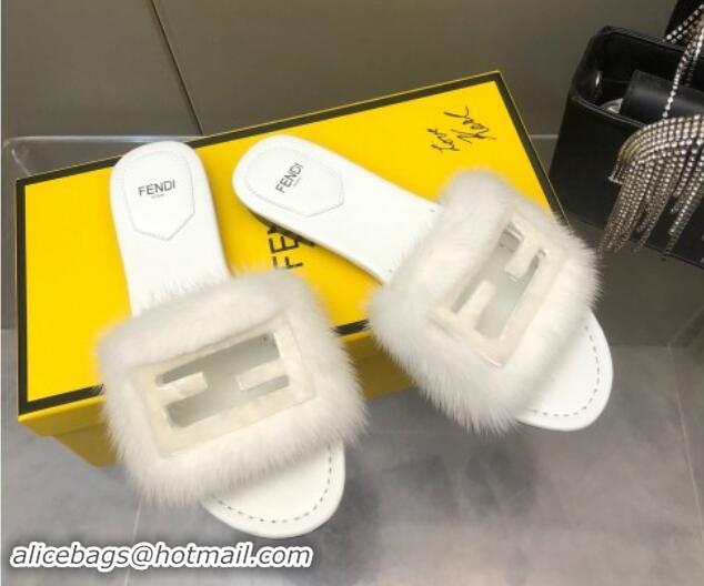 Good Looking Fendi Baguette Flat Slides Sandal in Mink Fur White 930115