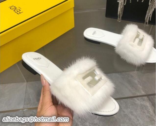 Good Looking Fendi Baguette Flat Slides Sandal in Mink Fur White 930115