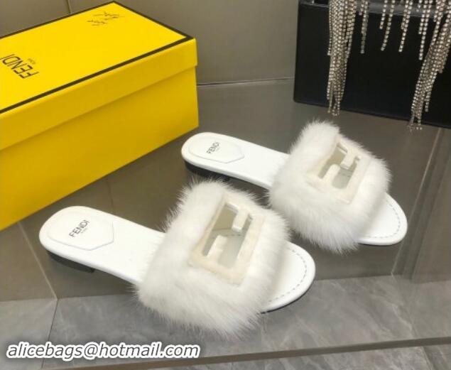 Good Looking Fendi Baguette Flat Slides Sandal in Mink Fur White 930115