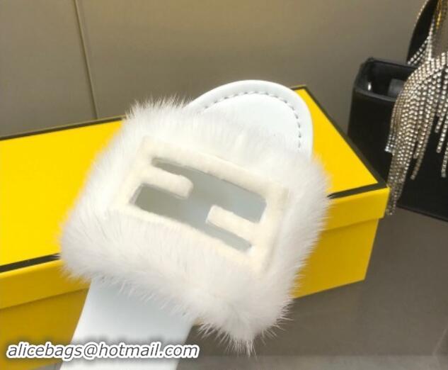 Good Looking Fendi Baguette Flat Slides Sandal in Mink Fur White 930115