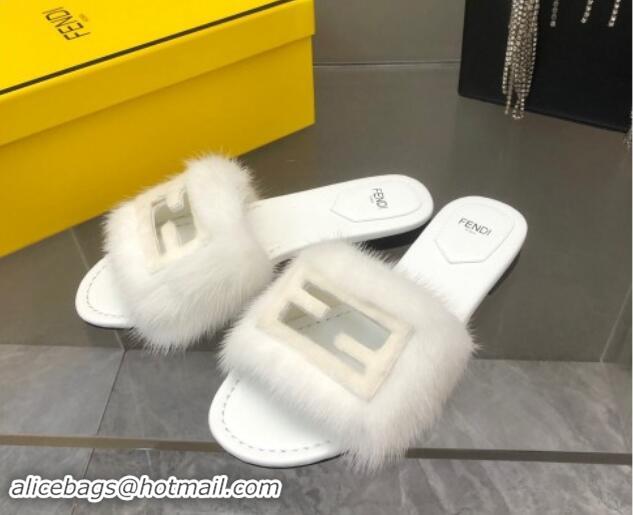 Good Looking Fendi Baguette Flat Slides Sandal in Mink Fur White 930115