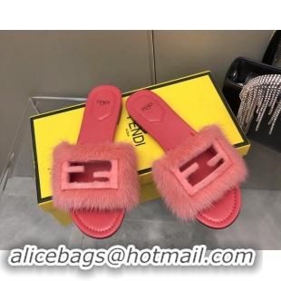 Hot Style Fendi Baguette Flat Slides Sandal in Mink Fur Pink 930116