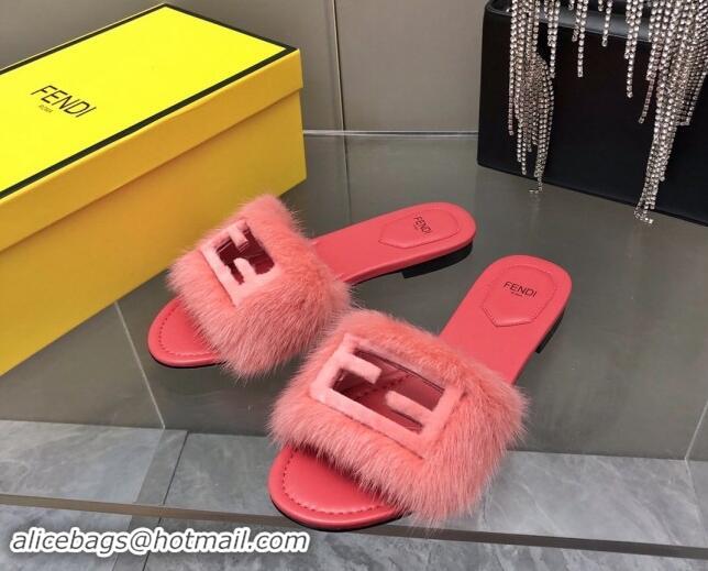 Hot Style Fendi Baguette Flat Slides Sandal in Mink Fur Pink 930116