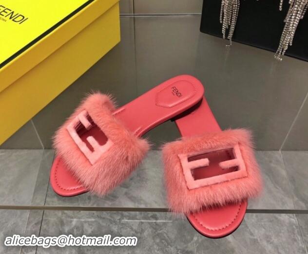 Hot Style Fendi Baguette Flat Slides Sandal in Mink Fur Pink 930116