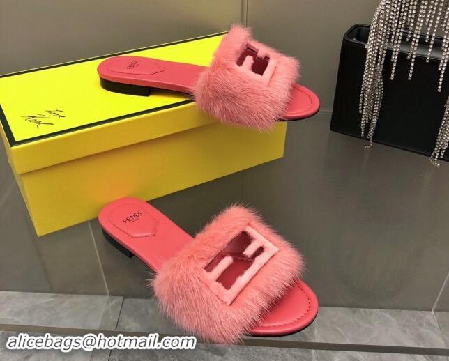 Hot Style Fendi Baguette Flat Slides Sandal in Mink Fur Pink 930116