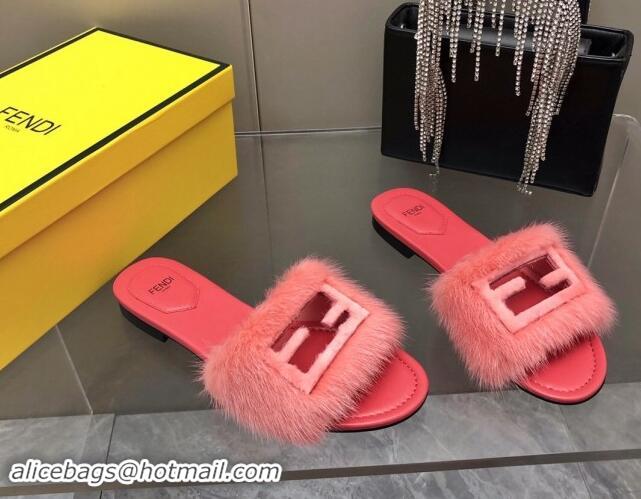 Hot Style Fendi Baguette Flat Slides Sandal in Mink Fur Pink 930116