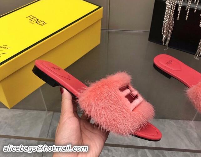 Hot Style Fendi Baguette Flat Slides Sandal in Mink Fur Pink 930116