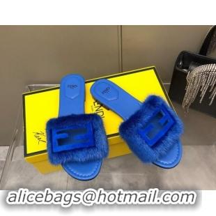 Stylish Fendi Baguette Flat Slides Sandal in Mink Fur Blue 930117