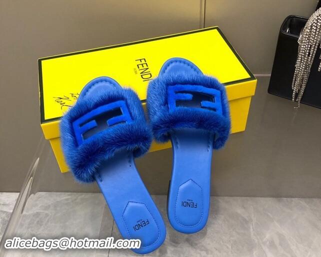 Stylish Fendi Baguette Flat Slides Sandal in Mink Fur Blue 930117