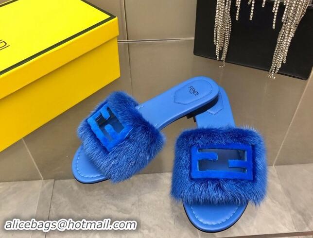 Stylish Fendi Baguette Flat Slides Sandal in Mink Fur Blue 930117