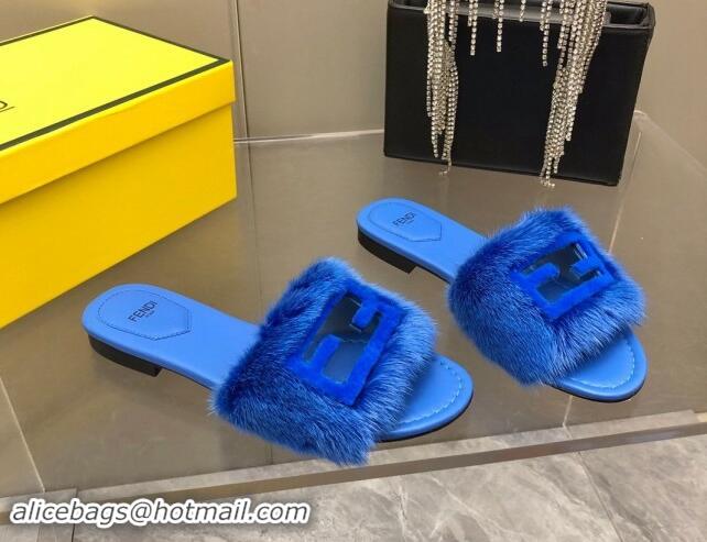 Stylish Fendi Baguette Flat Slides Sandal in Mink Fur Blue 930117