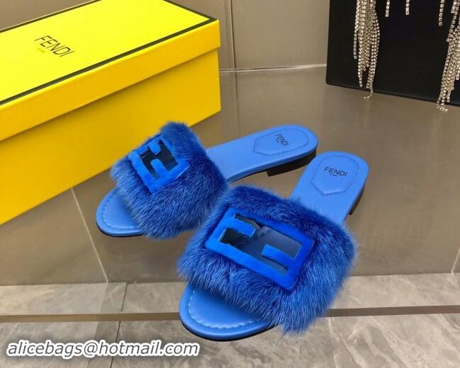 Stylish Fendi Baguette Flat Slides Sandal in Mink Fur Blue 930117