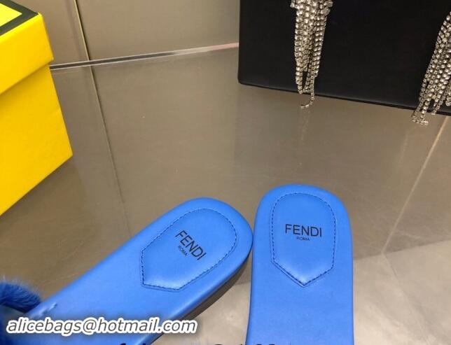 Stylish Fendi Baguette Flat Slides Sandal in Mink Fur Blue 930117