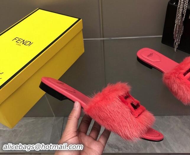 Best Product Fendi Baguette Flat Slides Sandal in Mink Fur Red 930118