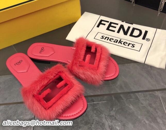 Best Product Fendi Baguette Flat Slides Sandal in Mink Fur Red 930118