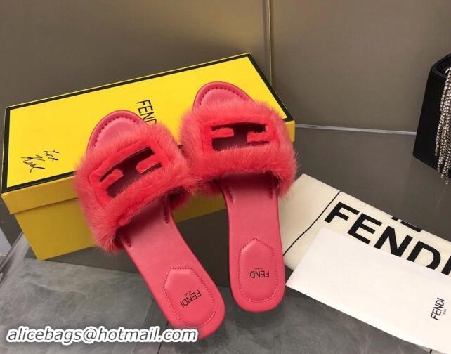 Best Product Fendi Baguette Flat Slides Sandal in Mink Fur Red 930118