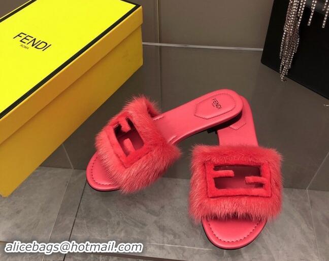 Best Product Fendi Baguette Flat Slides Sandal in Mink Fur Red 930118