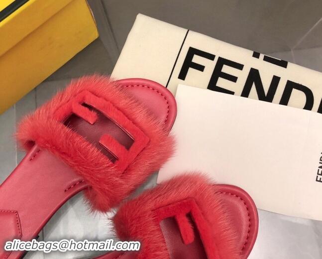 Best Product Fendi Baguette Flat Slides Sandal in Mink Fur Red 930118