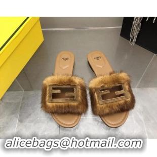 Sumptuous Fendi Baguette Flat Slides Sandal in Mink Fur Brown 930119