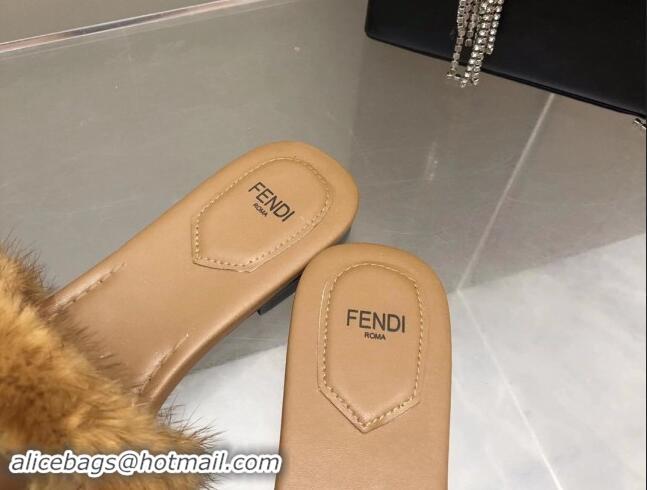 Sumptuous Fendi Baguette Flat Slides Sandal in Mink Fur Brown 930119