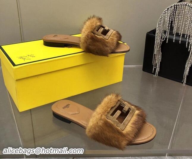 Sumptuous Fendi Baguette Flat Slides Sandal in Mink Fur Brown 930119