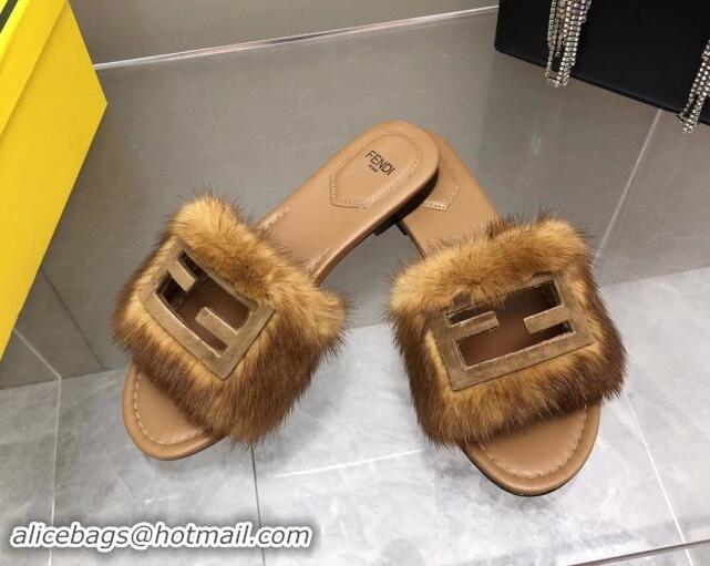 Sumptuous Fendi Baguette Flat Slides Sandal in Mink Fur Brown 930119