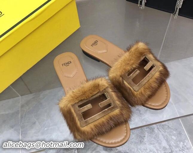 Sumptuous Fendi Baguette Flat Slides Sandal in Mink Fur Brown 930119