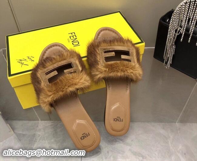 Sumptuous Fendi Baguette Flat Slides Sandal in Mink Fur Brown 930119