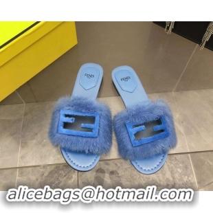 Good Quality Fendi Baguette Flat Slides Sandal in Mink Fur Light Blue 930120