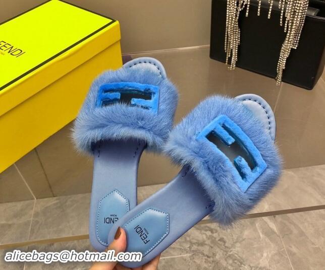 Good Quality Fendi Baguette Flat Slides Sandal in Mink Fur Light Blue 930120