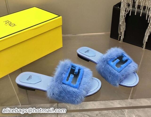 Good Quality Fendi Baguette Flat Slides Sandal in Mink Fur Light Blue 930120