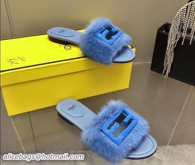 Good Quality Fendi Baguette Flat Slides Sandal in Mink Fur Light Blue 930120