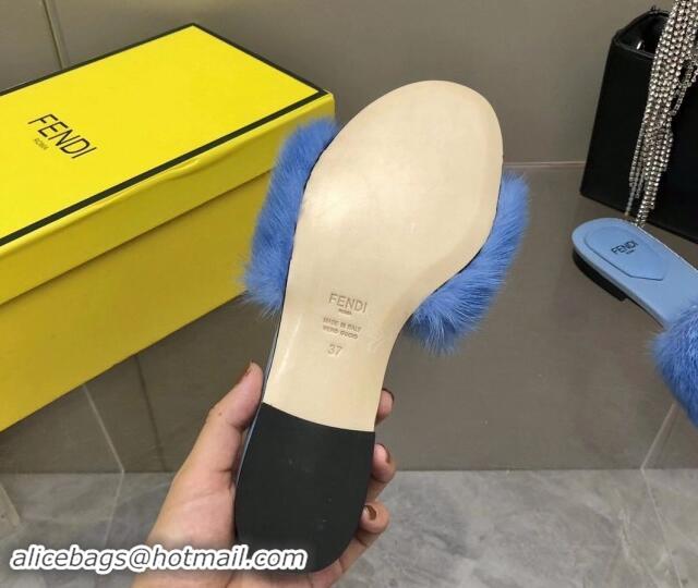 Good Quality Fendi Baguette Flat Slides Sandal in Mink Fur Light Blue 930120