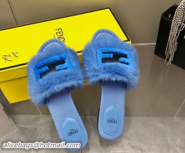 Good Quality Fendi Baguette Flat Slides Sandal in Mink Fur Light Blue 930120