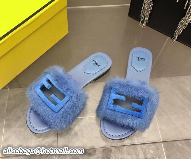 Good Quality Fendi Baguette Flat Slides Sandal in Mink Fur Light Blue 930120