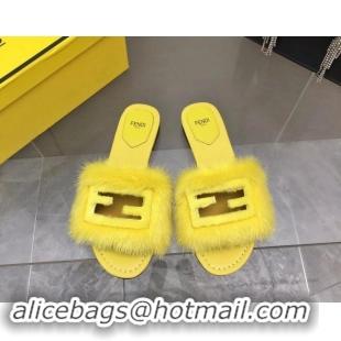 Best Price Fendi Baguette Flat Slides Sandal in Mink Fur Yellow 0930121