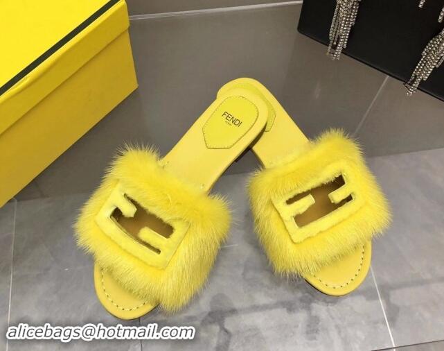 Best Price Fendi Baguette Flat Slides Sandal in Mink Fur Yellow 0930121