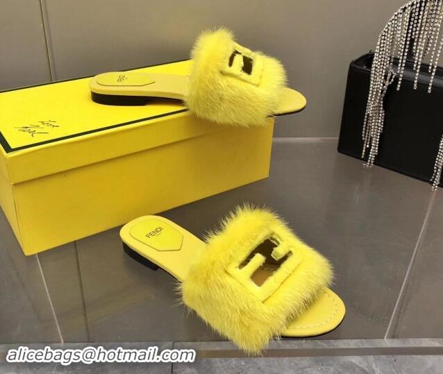 Best Price Fendi Baguette Flat Slides Sandal in Mink Fur Yellow 0930121