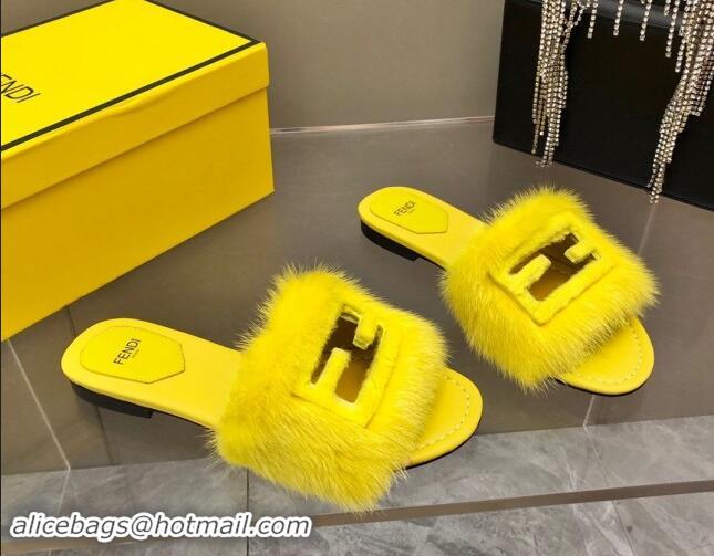 Best Price Fendi Baguette Flat Slides Sandal in Mink Fur Yellow 0930121