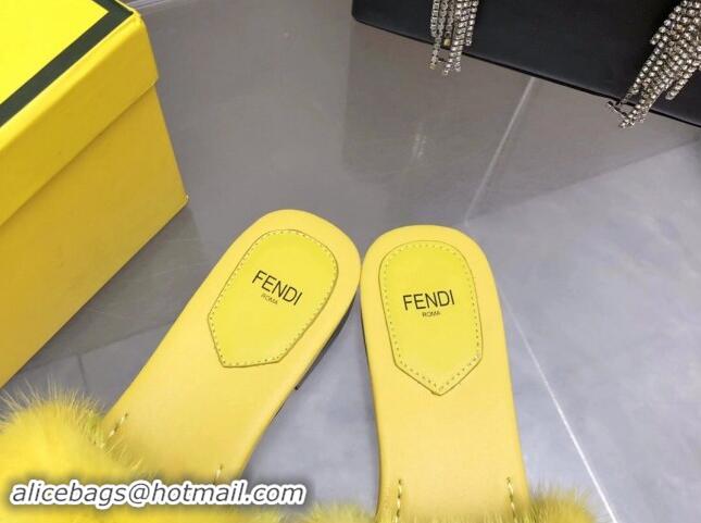 Best Price Fendi Baguette Flat Slides Sandal in Mink Fur Yellow 0930121