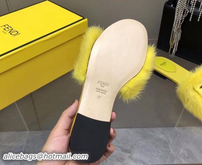 Best Price Fendi Baguette Flat Slides Sandal in Mink Fur Yellow 0930121