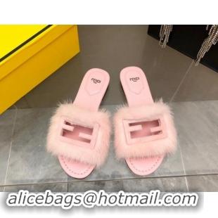 Grade Quality Fendi Baguette Flat Slides Sandal in Mink Fur Light Pink 930122