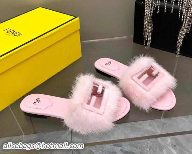 Grade Quality Fendi Baguette Flat Slides Sandal in Mink Fur Light Pink 930122