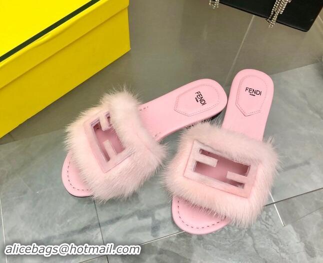 Grade Quality Fendi Baguette Flat Slides Sandal in Mink Fur Light Pink 930122