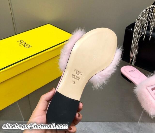 Grade Quality Fendi Baguette Flat Slides Sandal in Mink Fur Light Pink 930122