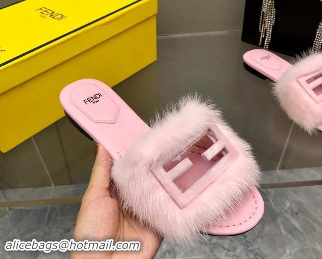 Grade Quality Fendi Baguette Flat Slides Sandal in Mink Fur Light Pink 930122