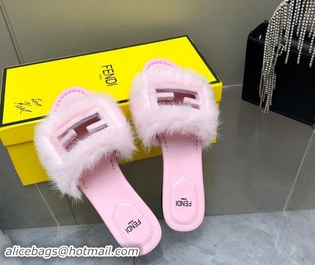 Grade Quality Fendi Baguette Flat Slides Sandal in Mink Fur Light Pink 930122